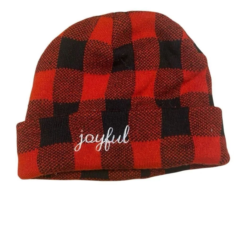 David & Young joyful plaid beanie hat red black